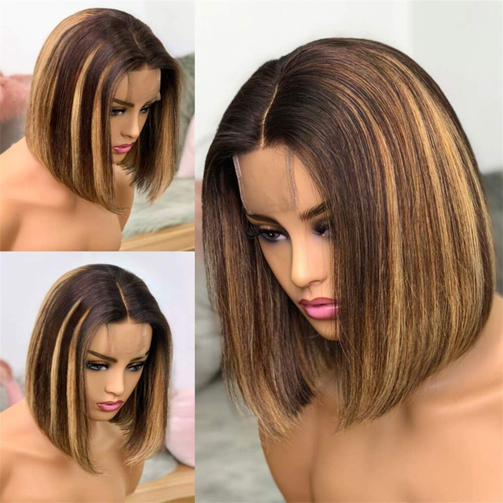 Unisex Honey Blonde 12 Inch Bob Lace Front Wig Brazilian Virgin Human Hair Preplucked 150% Density Natural Look