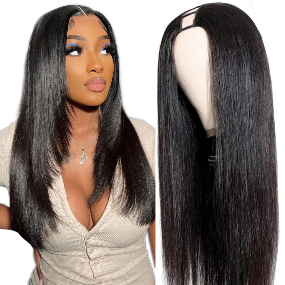 U Part Human Hair Wig for Women 24 Inch Brazilian Straight Glueless Beginner Friendly 180 Density Natural Look