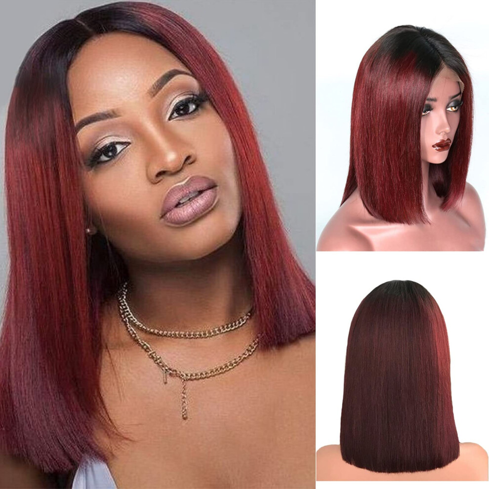 13x4 Lace Front Human Hair Short Bob Wig Ombre Red with Dark Roots, Natural Hairline, Heat Style Friendly