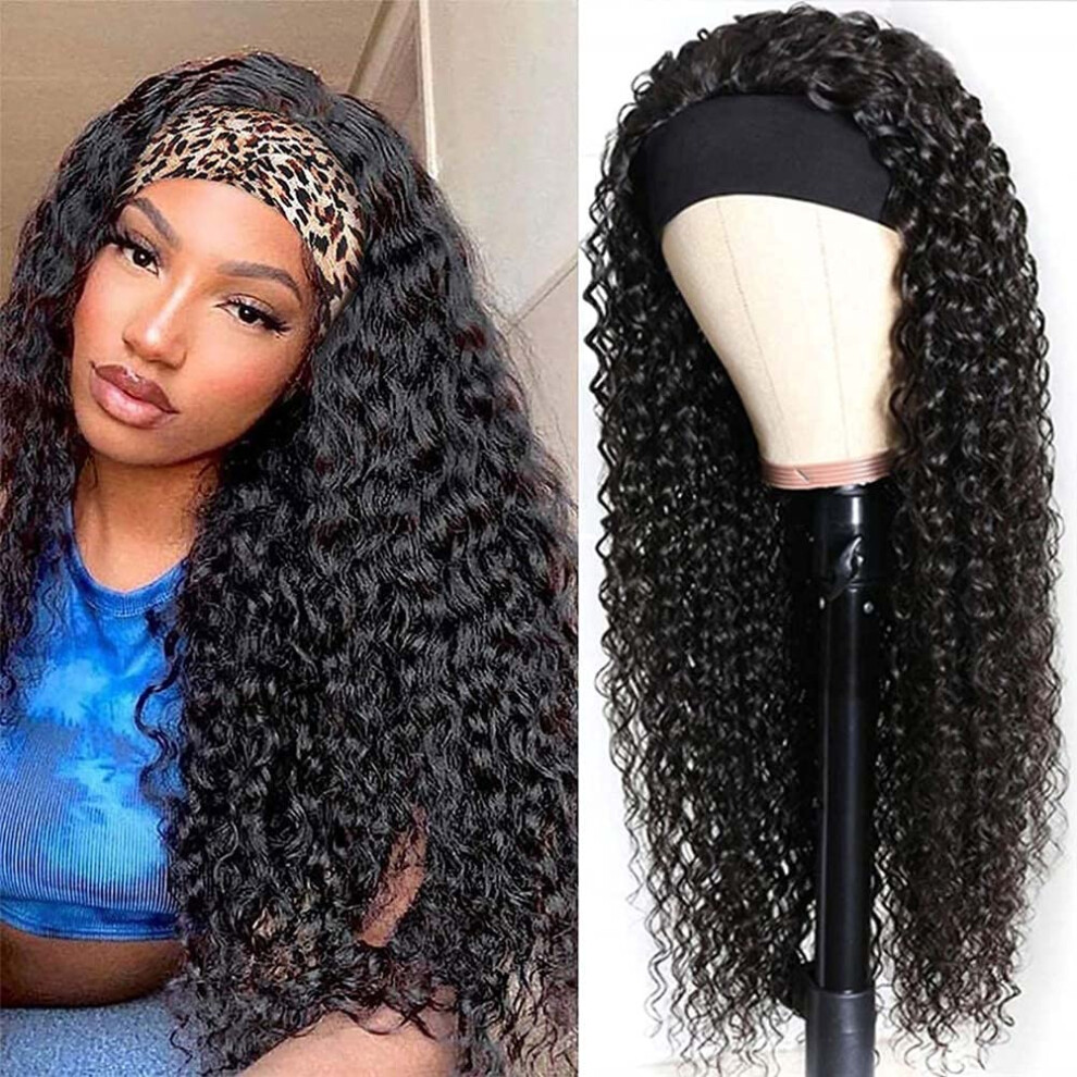 26 Inch Curly Wave Headband Wig for Black Women, Wet and Wavy Brazilian Human Hair, Glueless 150% Density