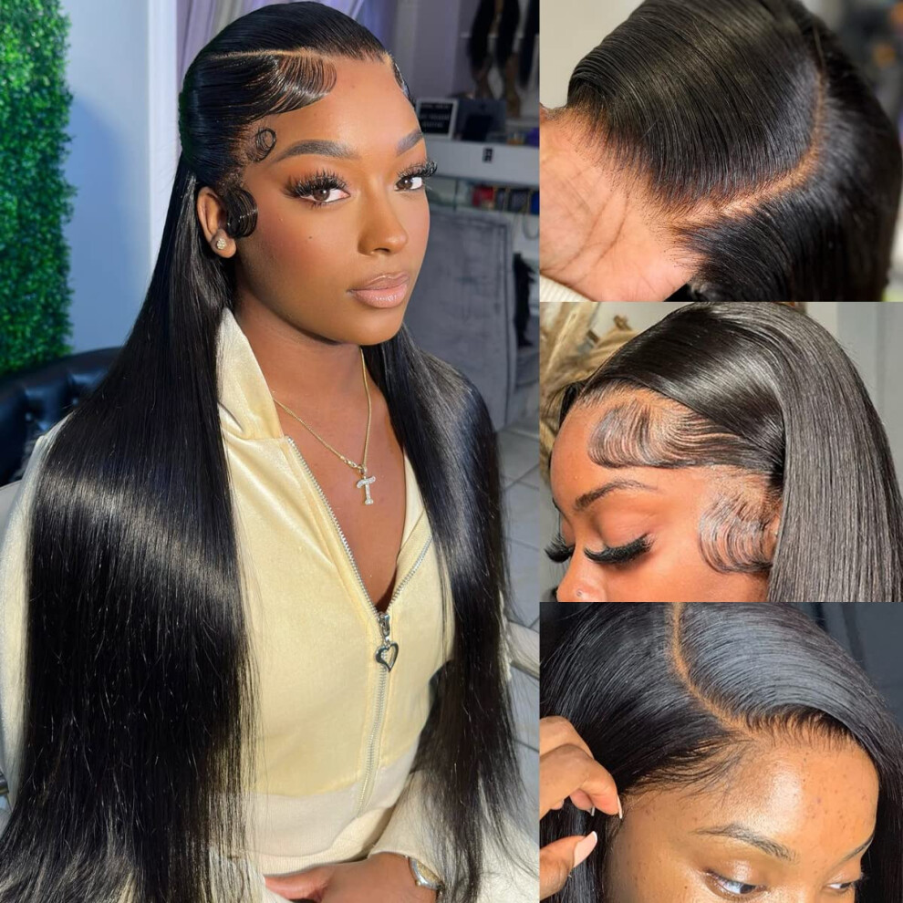Unisex Black 32 Inch Straight Human Hair Hd Lace Closure Wig Glueless Pre Plucked Natural Hairline For Women