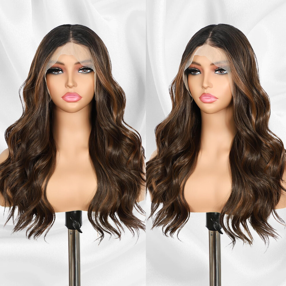 Dark Brown 13x4 Synthetic Lace Front Wig 22 Inch Body Wave Pre Plucked Heat Resistant for Women