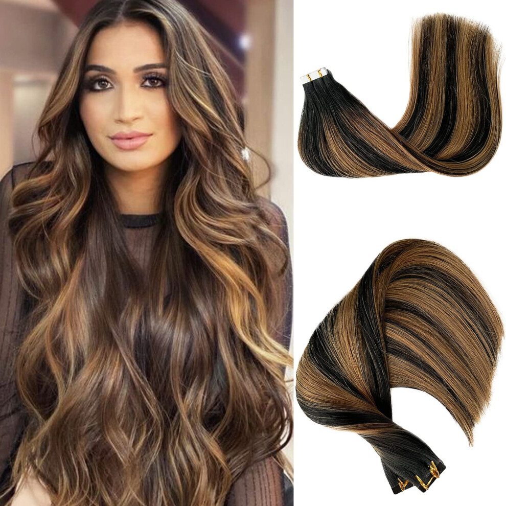 Unisex Black 24 Inch Remy Human Hair Tape In Extensions Natural To Golden Blonde Ombre Balayage Invisible Seamless Wefts 20Pcs