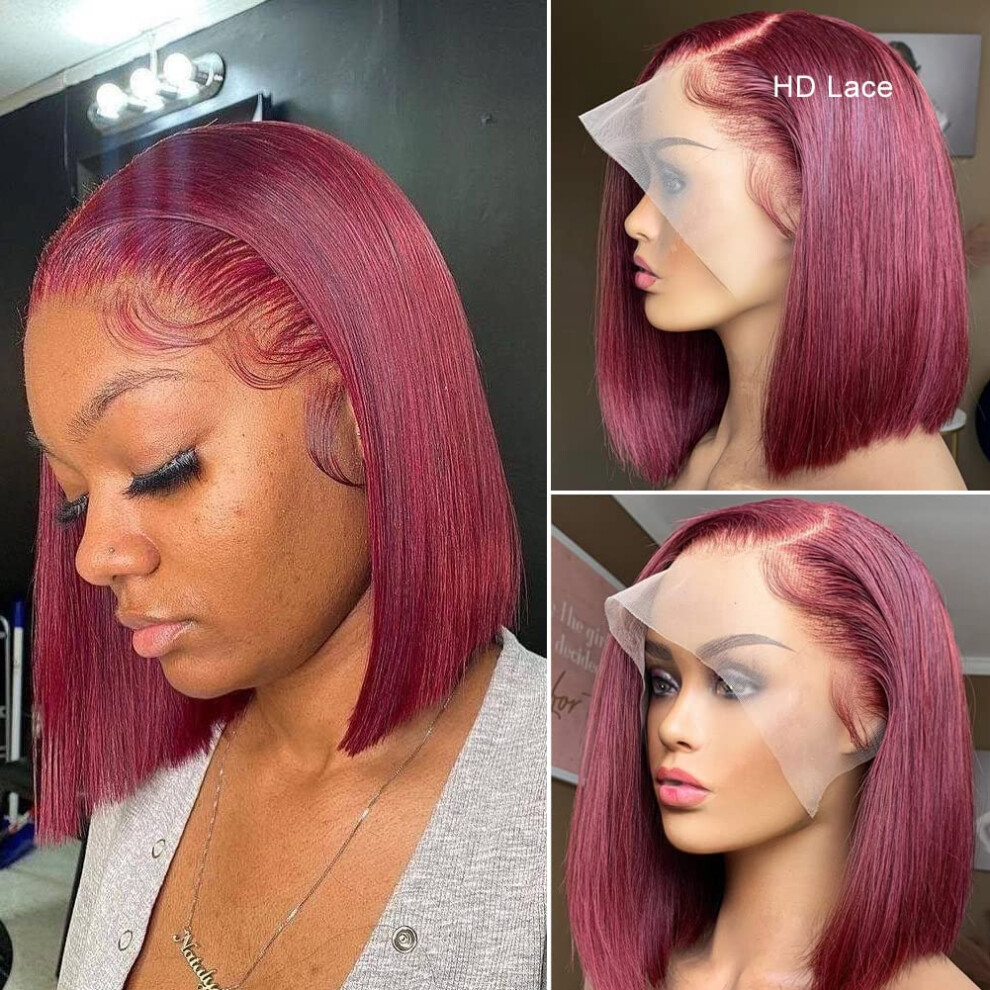 Unisex Red 99J Burgundy Lace Front Bob Wig Human Hair 13X4 Hd Glueless Pre Plucked 180 Density Straight