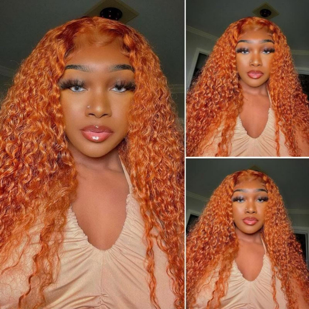 Unisex Black 26 Inch Ginger Deep Wave Lace Front Wig For Women Heat Resistant Synthetic Fiber 13X6 T Part