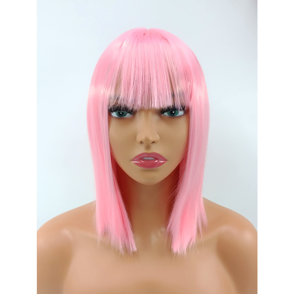 Pink Bob Wig with Bangs for Women, Short Straight Synthetic Hair, Heat Resistant, Natural Look