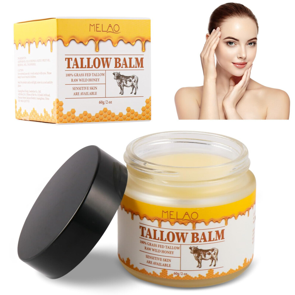 Cream Beef Tallow Balm With Raw Honey, Grass Fed Moisturizer For Deep Hydration And Dry Skin Relief, 2Oz