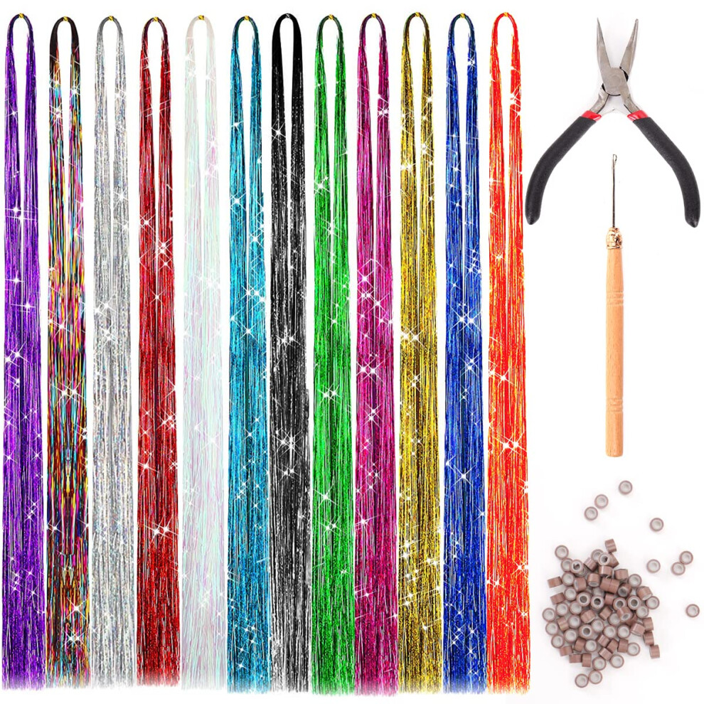 Hair Tinsel Kit 47 Inches 2400 Strands 12 Colors Glitter Hair Extensions for Women Girls Party