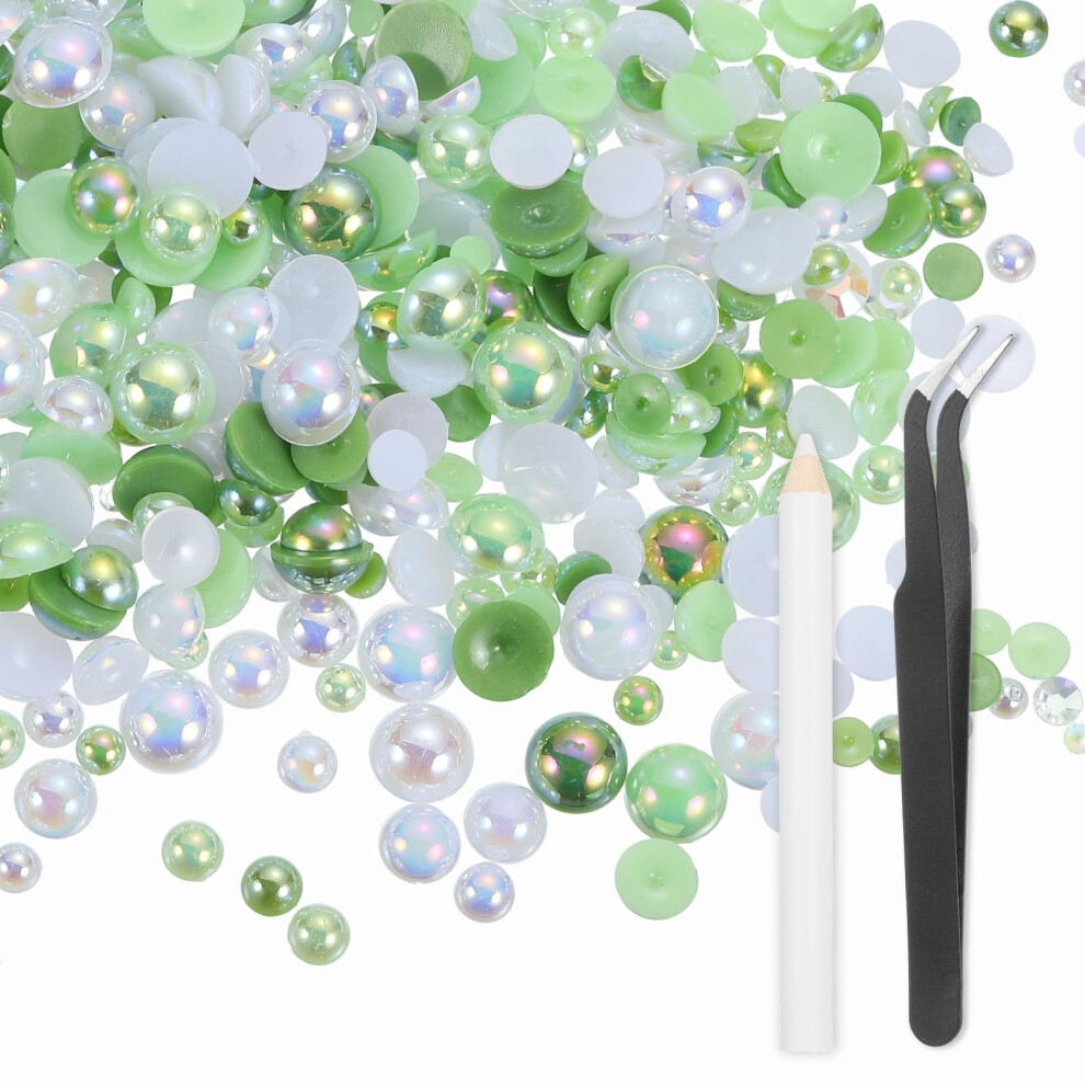 Green/White Flatback Resin Rhinestones 100G Mixed Size And Pearls With Pick Up Tools For Nail Art Crafts