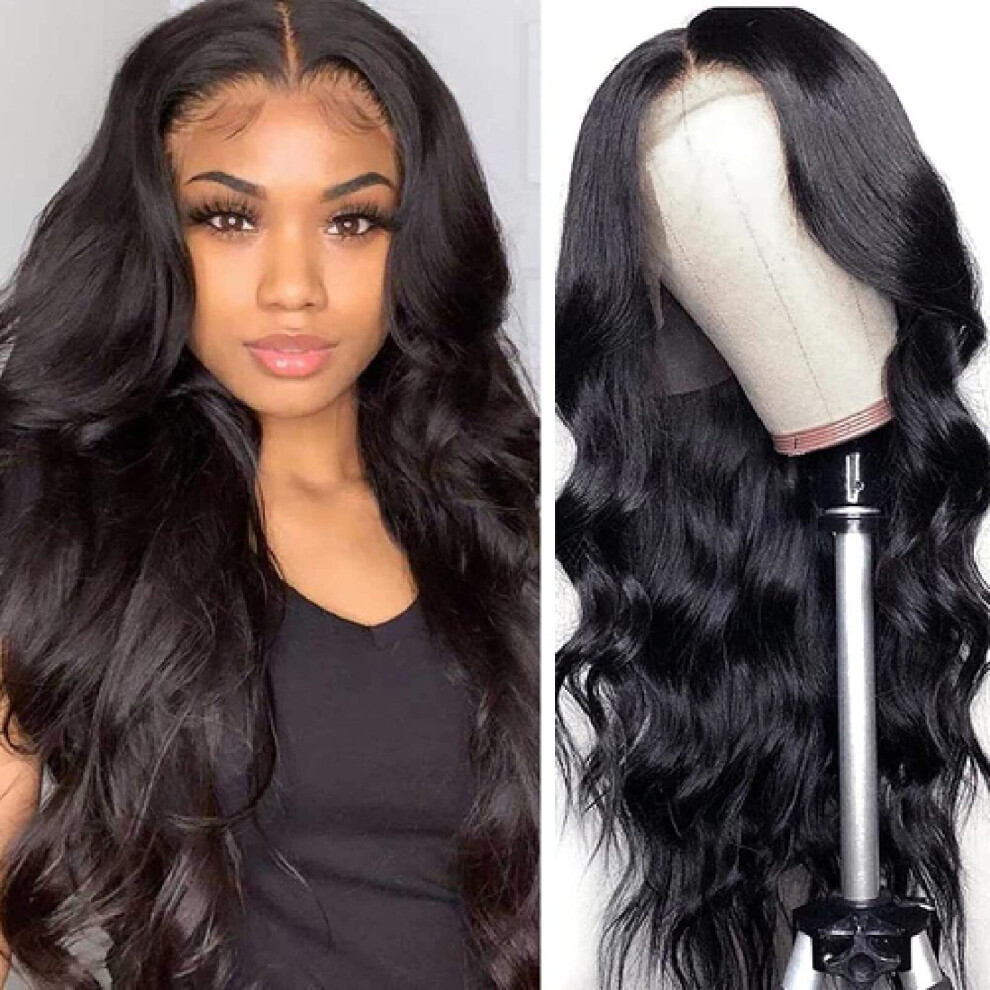 Unisex Black Synthetic Headband Wig For Women Long Wavy Glue Design Natural Hairline 26 Inch