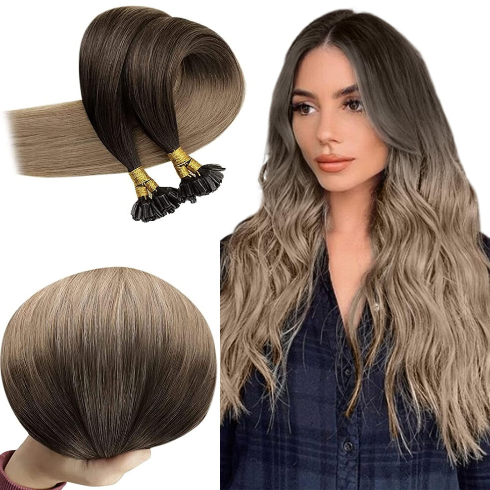 Unisex Brown U Tip Hair Extensions 14 Inch 50 Strands Brazilian Keratin Bonded Human Hair Natural Blend Finish Straight Balayage To Ash Blonde