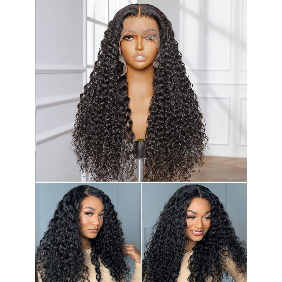 Unisex 26' Water Wave Lace Front Wig Human Hair, 13X4 Glueless, Preplucked Bleached Knots, 180% Density Brazilian Virgin Hair