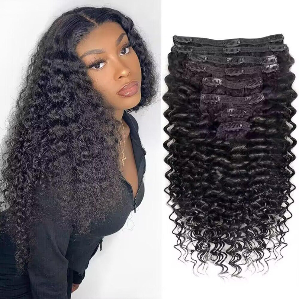 Unisex Black Brazilian Remy Deep Wave Clip In Human Hair Extensions Natural 14Inch 8Pcs 18Clips Double Weft
