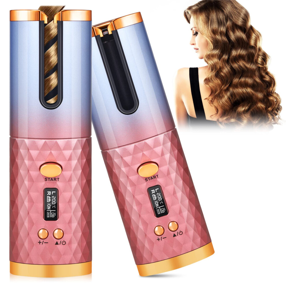 Cordless Automatic Rotating Hair Curler with LCD Timer, USB Rechargeable Fast Heating Iron for Travel (Red)