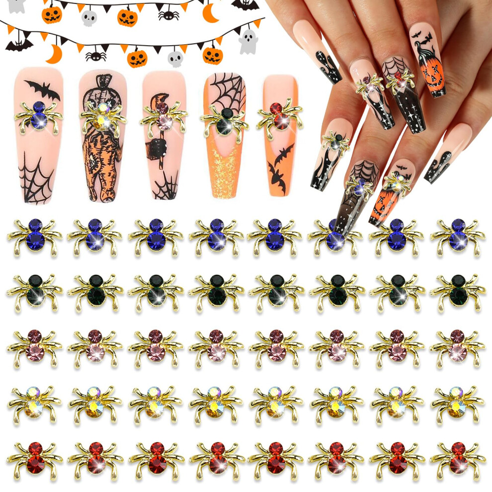 Gold 50Pcs Halloween Nail Charms 3D Spider Rhinestones 5 Colors Gems For Diy Nail Art Decorations