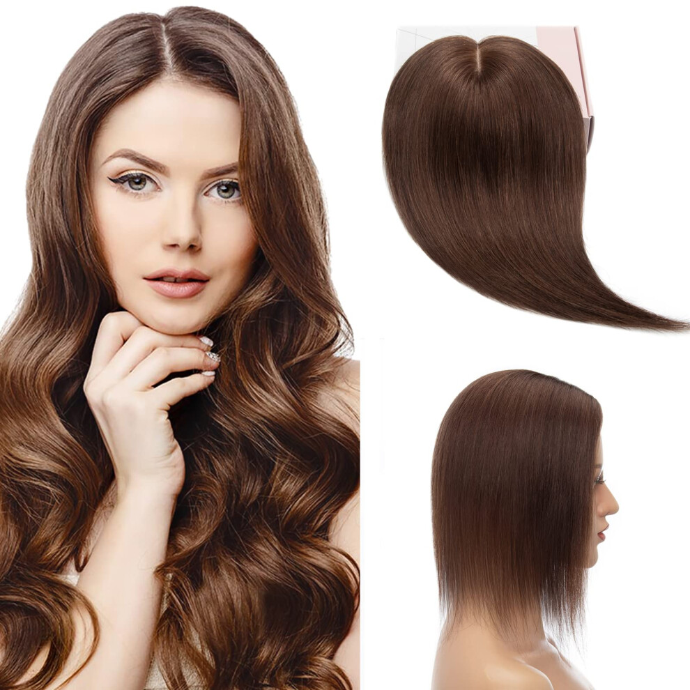 Unisex Brown Medium Silk Base Human Hair Topper With Bangs, Virgin Indian Clip In For Thinning Hair