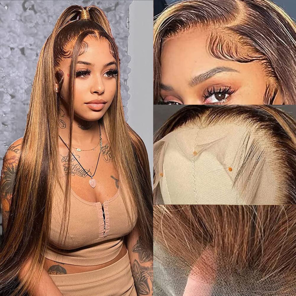 Honey Blonde Ombre 13x4 Glueless Human Hair Lace Front Wig 180 Density HD Transparent Straight Wig