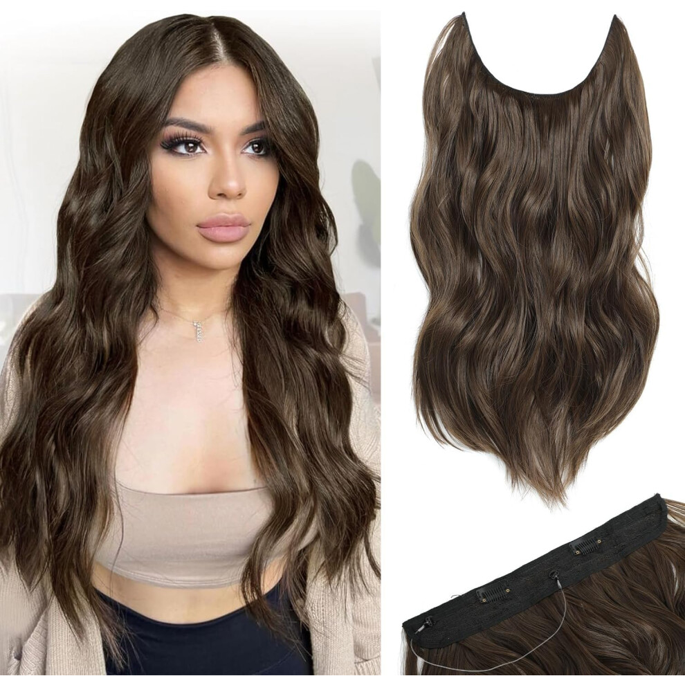Unisex Brown Invisible Wire Hair Extensions With Clips 16 Inch Curly Chestnut Synthetic Halo Hairpiece For Women