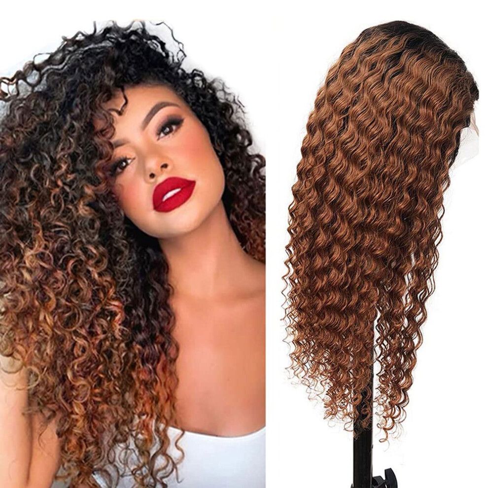 Unisex Dark/Brown Human Hair Lace Closure Wig 1B/30 Ombre Curly Wave 4X4 Glueless Brazilian Remy With Baby Hair 24 Inch