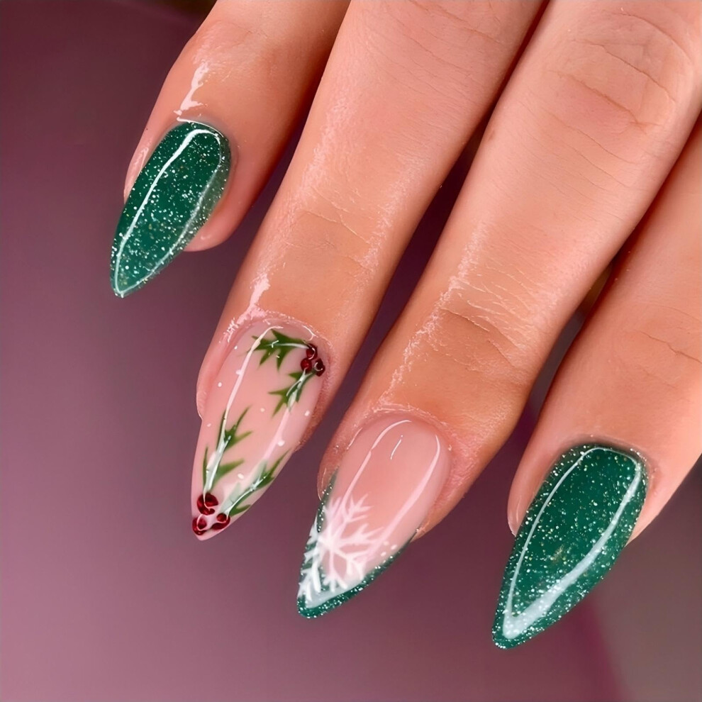 Green Christmas Press On Nails Fake Nails Festive Snowflake Design Medium Almond Set 24Pcs