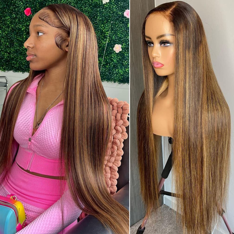 Unisex Brown 13X4 Ombre Human Hair Lace Front Wig With Honey Blonde Highlights 24 Inch Pre Plucked