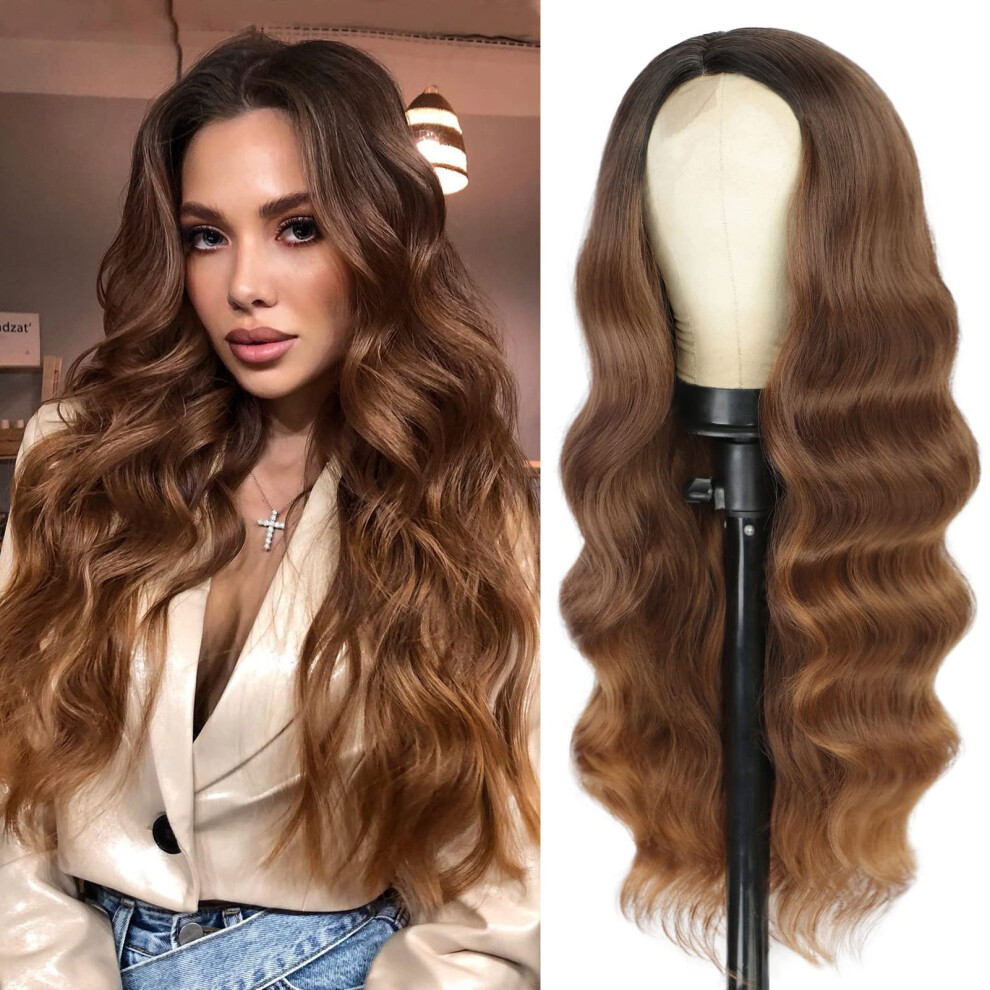 Unisex Brown Long Ombre Wavy Wig For Women With Natural Hairline, Heatresistant Synthetic Fiber, Side Part Design
