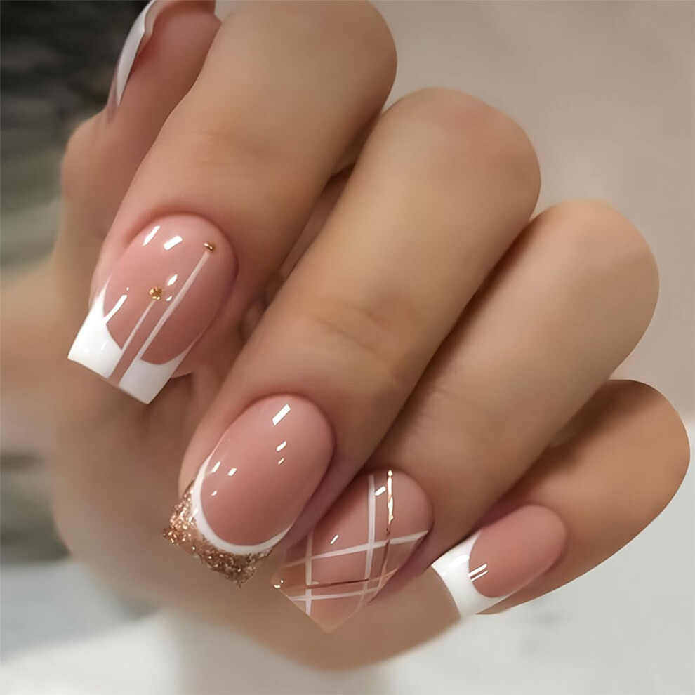 Cream French Tip Press On Nails 24Pcs Medium Nude Square Glossy Fake Nails Longlasting Reusable For Women