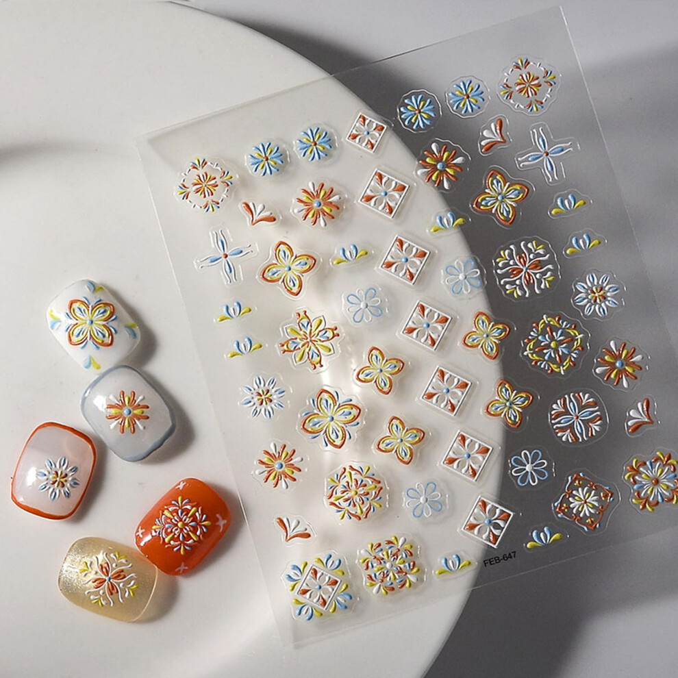 5D Embossed Floral Nail Art Stickers Retro Flower Decals for Manicure, Vintage Design 4 Styles