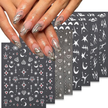 Silver Nail Art Stickers 3D SelfAdhesive Metallic Star Moon Fish Bone Hearts Y2K Design 8 Sheets