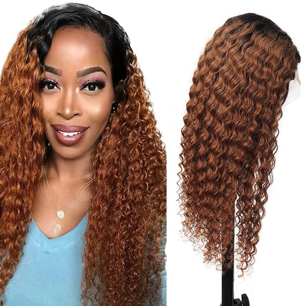 Unisex Human Hair Lace Closure Wig Ombre 1B/30 Brazilian Remy 4X4 Curly Wave Glueless 12 Inch