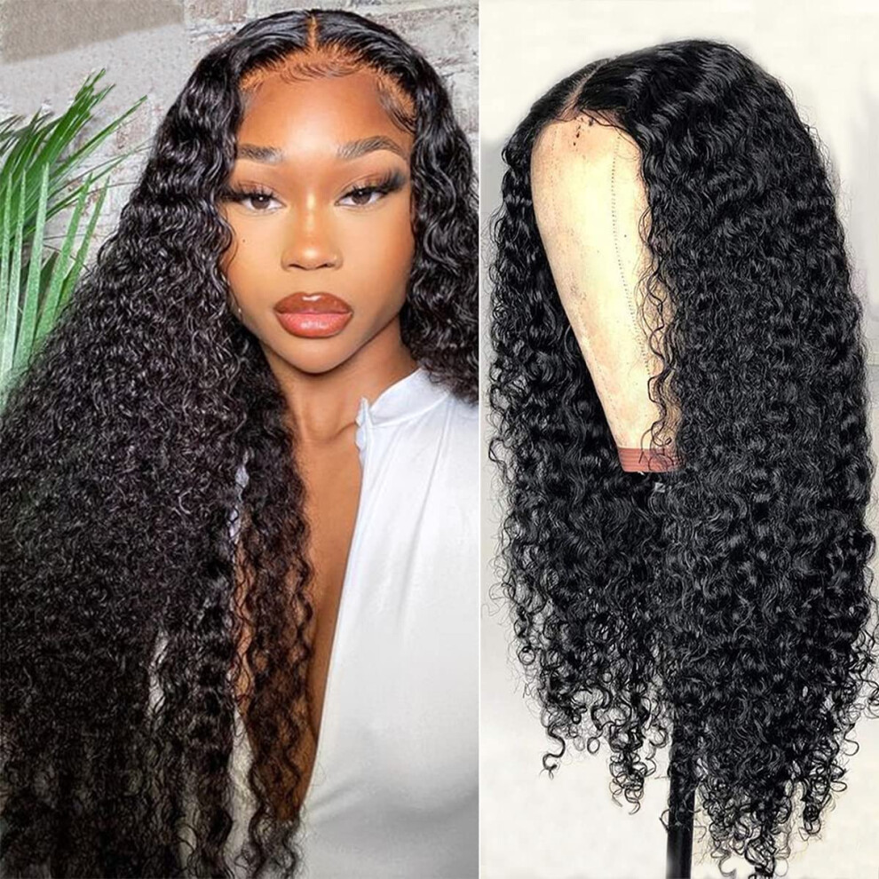 Unisex Black Curly Wave Human Hair Wig 12 Inch 4X4 Lace Closure Brazilian Virgin Hair Natural 150 Density