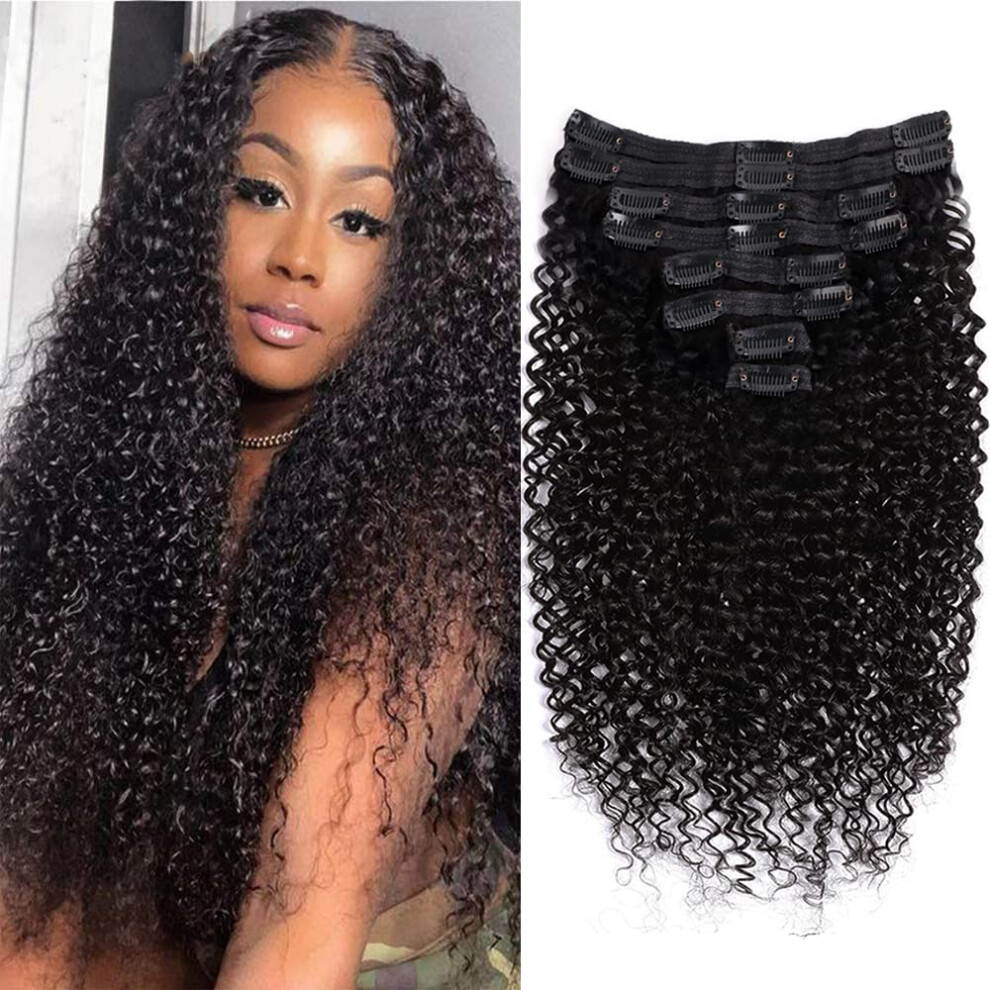 Unisex Black Human Hair Clip In Extensions 3C 4A Kinky Curly Brazilian Remy Natural 18Inch 8Pcs 18Clips