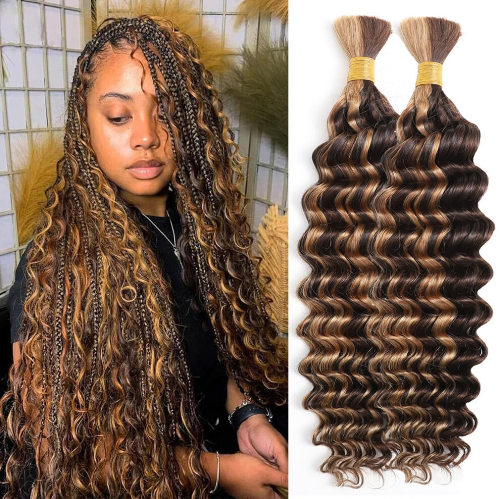 Highlight 4/27 Brazilian Deep Wave Human Braiding Hair 24 Inch 2 Pack Virgin Bulk Hair for Boho Braids
