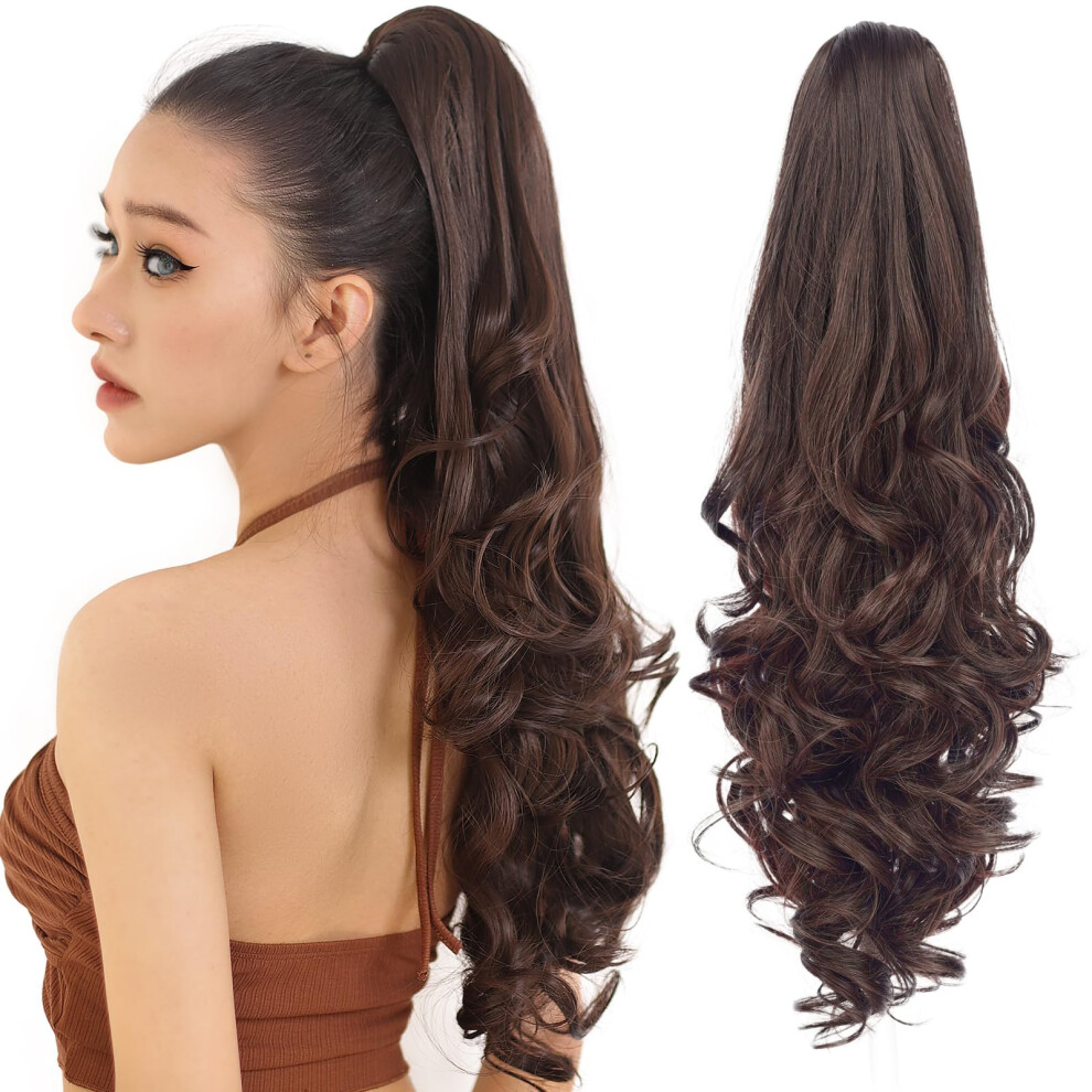 Unisex Brown 12 Inch Wavy Clip In Ponytail Extension For Women, Synthetic Hairpiece With Secure Claw Clip