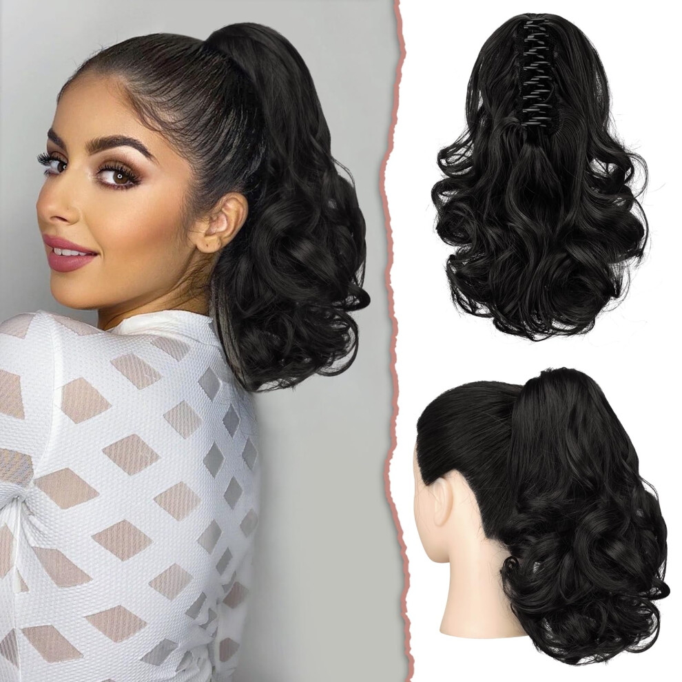 Unisex Black 28Cm Natural Wavy Synthetic Clip In Ponytail Extension For Women, Instant Volume Boost