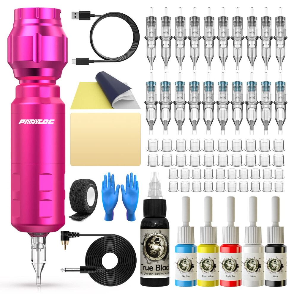 Wireless Tattoo Pen Kit for Beginners with 20 Cartridges, Low Noise, Adjustable Needle Depth WTK113