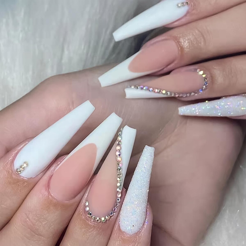 Press On Nails White French Tip with Rhinestones, Reusable Acrylic Fake Nails with Glue, 24 Pcs