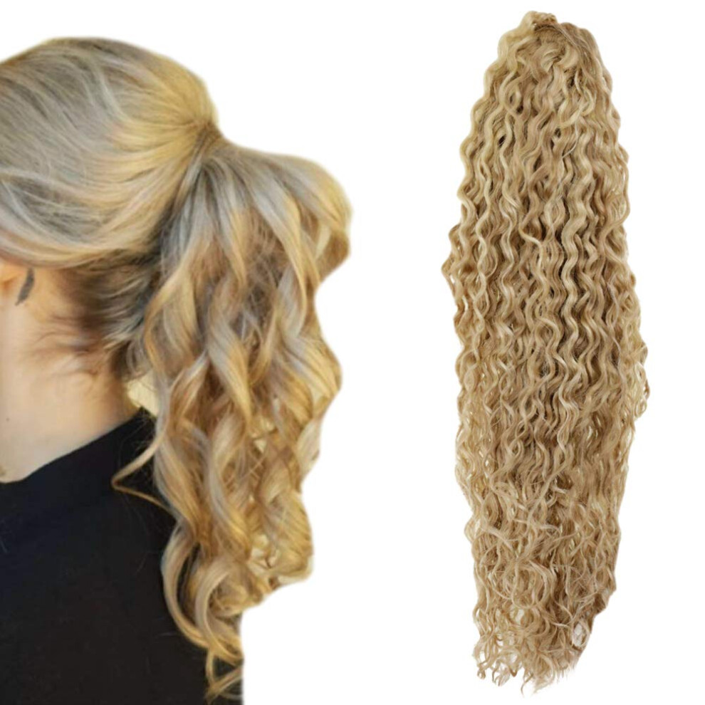 Ponytail Hair Extension Natural Wave Remy Human Hair Claw Clip Platinum Blonde Highlight 16in