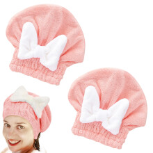 2Pcs Pink Microfiber Hair Drying Towel Turban with Bow Knot for Women, Fast Absorption Spa Shower Wrap