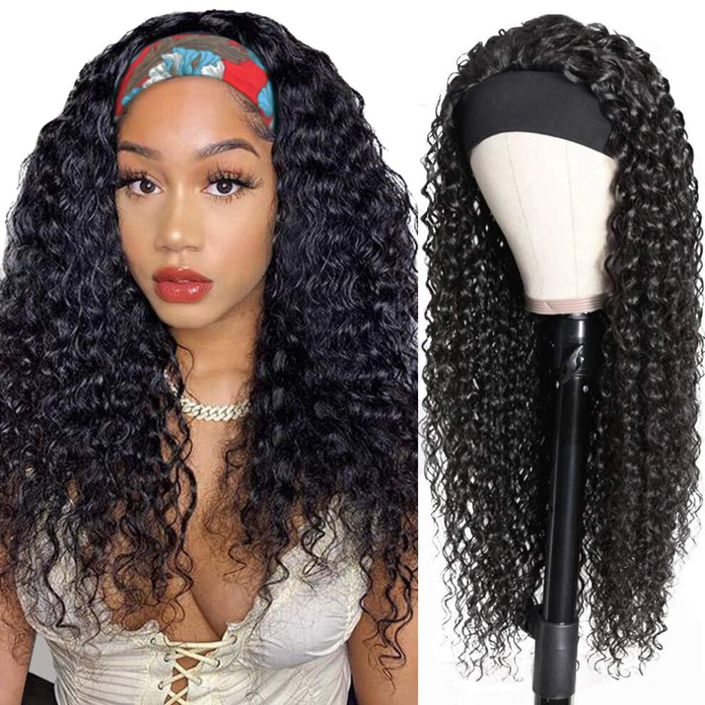 Unisex Black Curly Human Hair Headband Wig For Women Glueless No Lace Front 150 Density Natural Curls