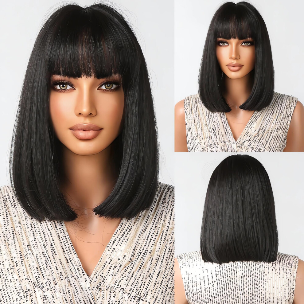 Unisex Black Short Bob Wig With Bangs, Shoulder Length Straight Synthetic, Natural Looking For Women