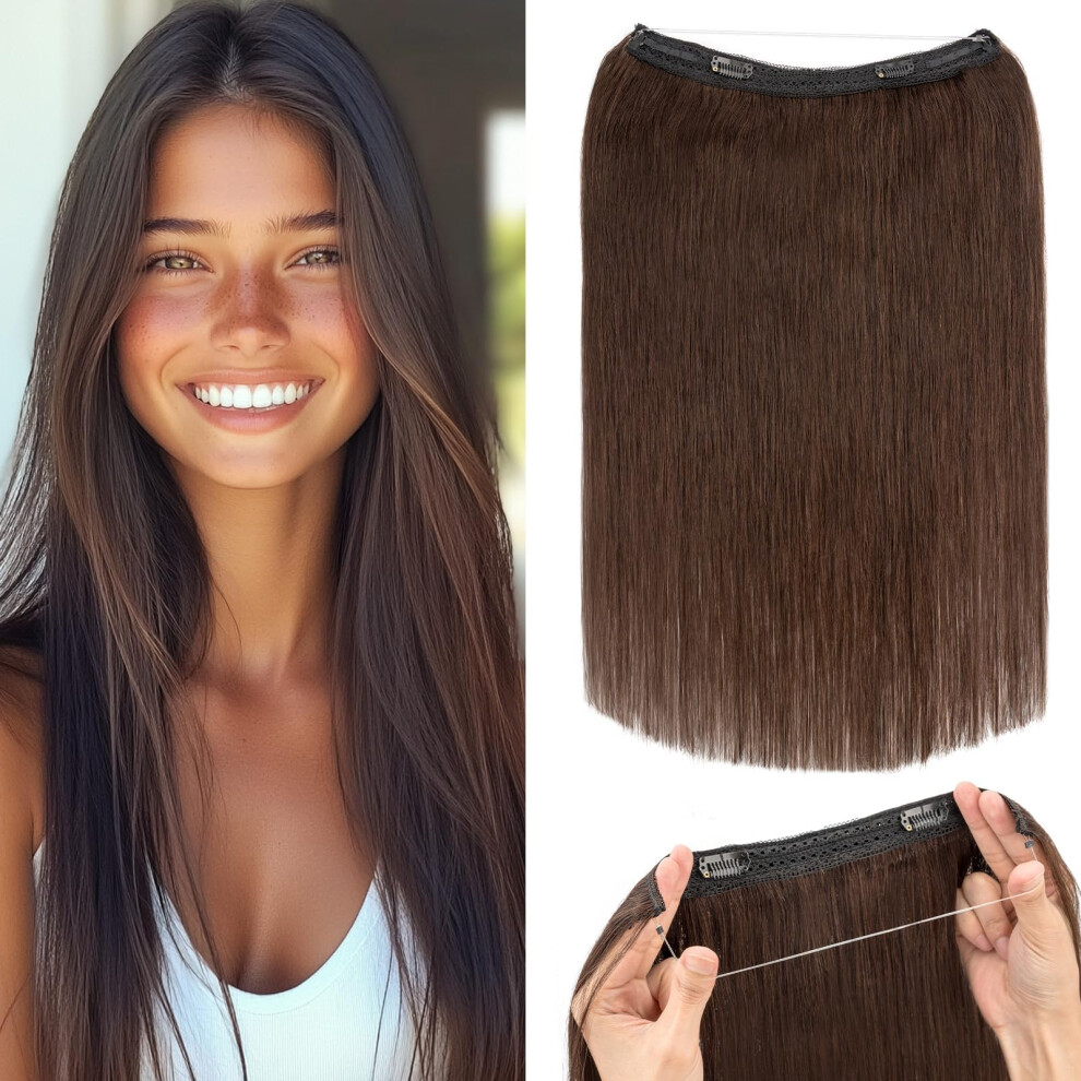 Unisex Brown 20 Inch Dark Remy Human Hair Halo Extensions Invisible Wire For Instant Length And Volume