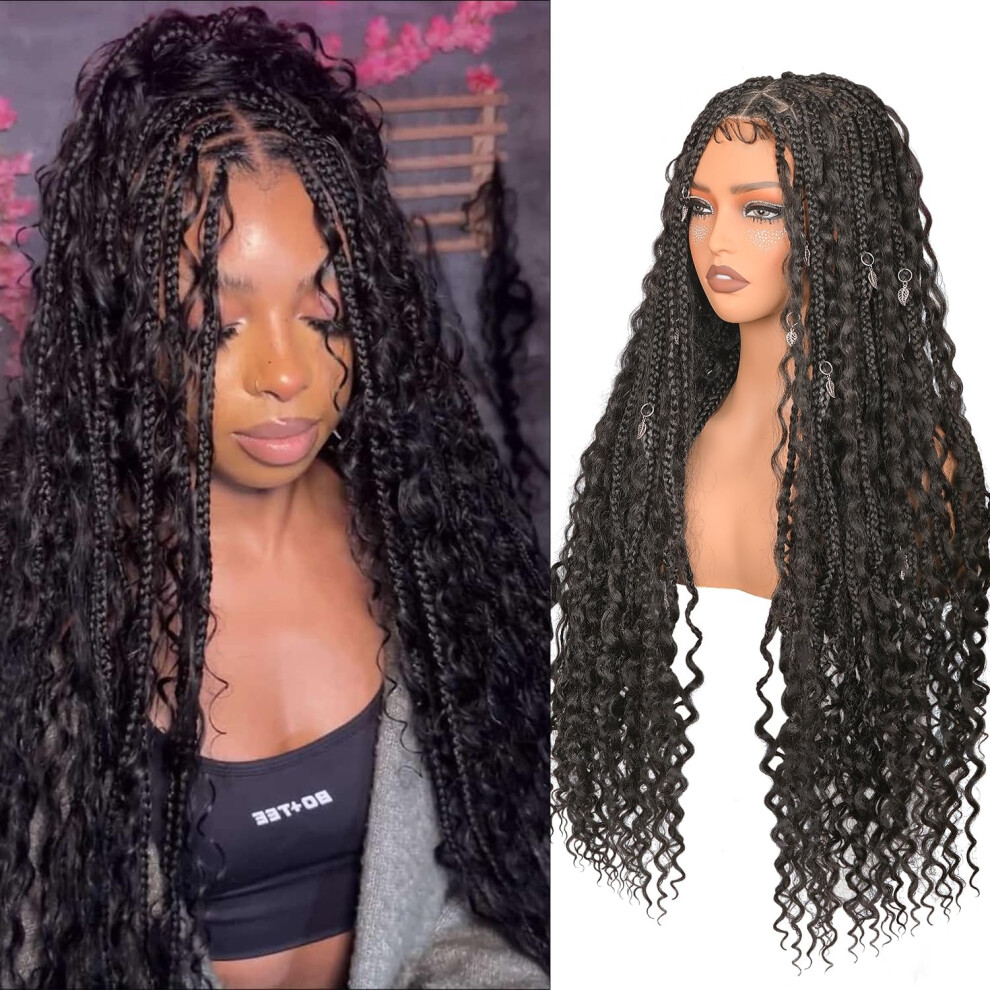 Goddess Box Braids Wig Knotless Design with Curly Boho Ends Full Lace Natural Black for Women