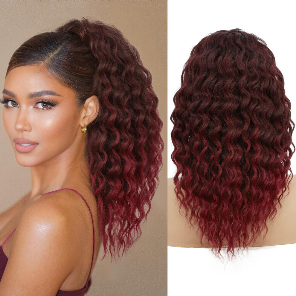 Curly Drawstring Ponytail Extension for Black Women 18 Inch Synthetic Hairpiece Natural Looking Voluminous Style Black Mix Burgundy