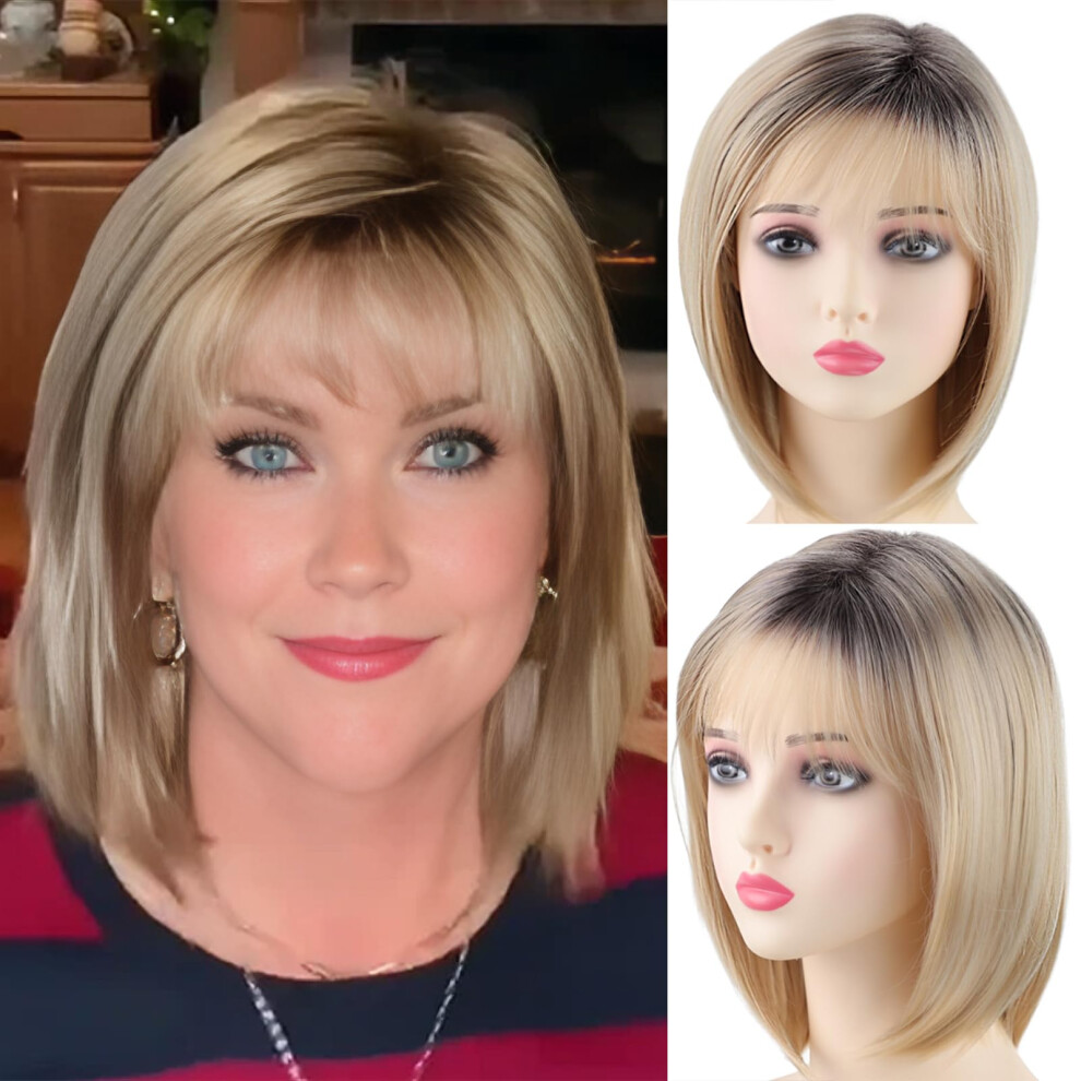 Unisex Short Blonde Bob Wig With Bangs For Women Layered Ombre Blonde Look Heat Resistant Synthetic Hair