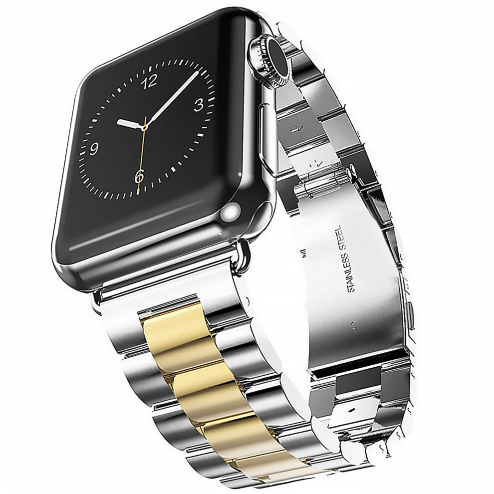 Silver And Gold Stainless Steel Band For Apple Watch With Secure Butterfly Clasp, Fits Series 10Â1 Ultra Se Silver,Gold 9174973353478