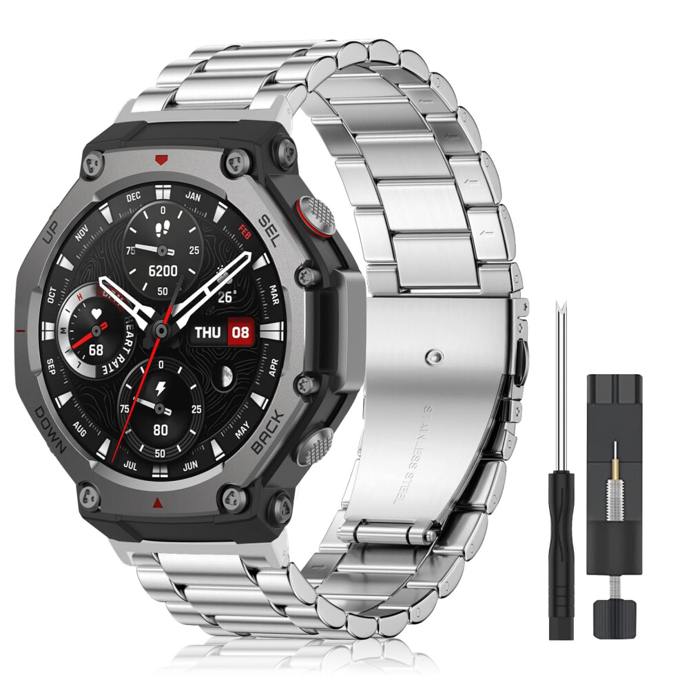 Polished Stainless Steel Watch Band With Secure Butterfly Clasp And Quick Release Pins Â For Amazfit Trex 3 Silver 9174973353485