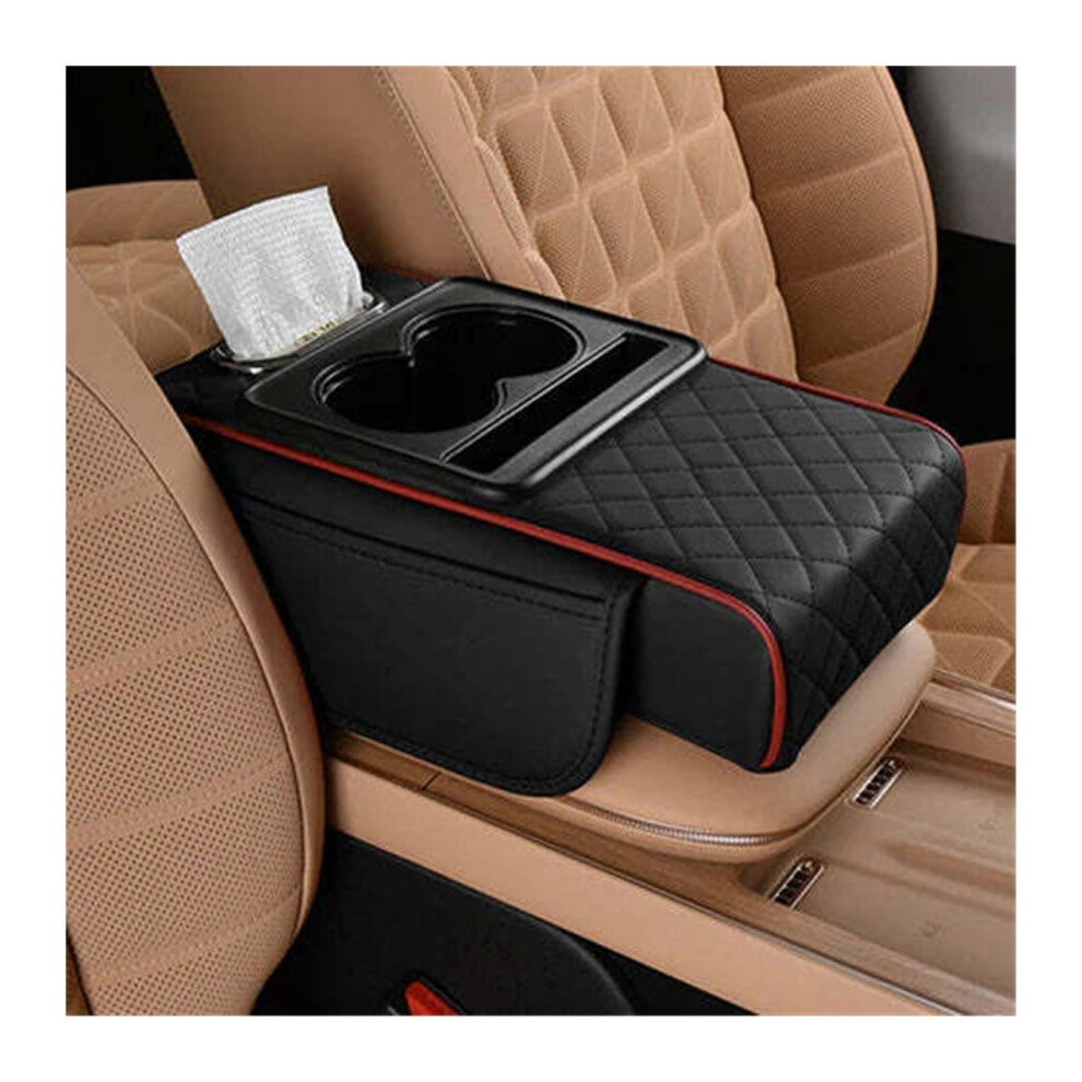 Car Armrest Cushion With Memory Foam And Storage Organizer, Thickened Comfort Support, Black/Red 9113335646162