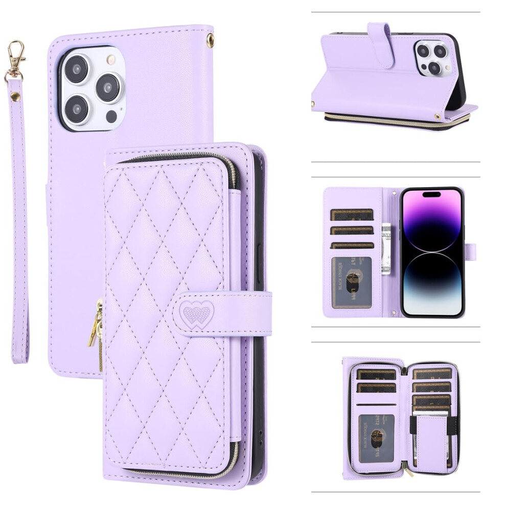 Zipper Wallet Case With Card Holder, 9 Card Slots, Crossbody Design, For Iphone 14 Purple 9044945288315
