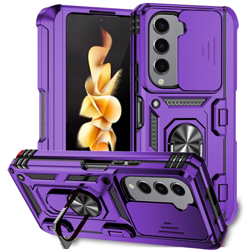 Case For Samsung Galaxy Z Fold 4 With Hinge Protection, Military Grade Shockproof Ring Kickstand, Purple 9044945289244